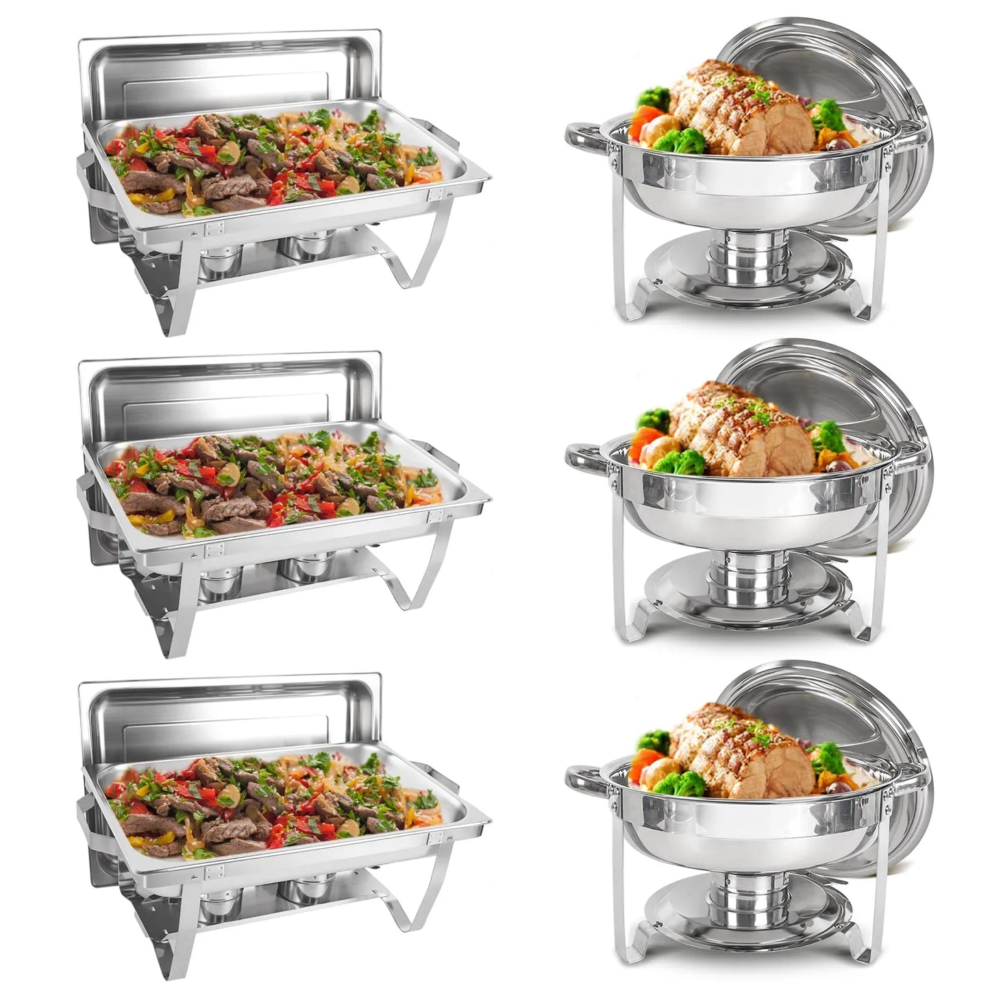 Set da buffet per scaldavivande, confezione da 6, scaldavivande rotondo da 5 QT e rettangolare da 8 QT in acciaio inossidabile
