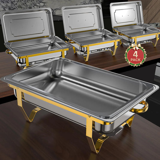 Set di scaldavivande per buffet, scaldavivande di alta qualità da 8 QT per buffet, scaldavivande e scaldavivande per matrimoni, design con bordo arrotolato con oro e argento, confezione da 4 (1 padella, 1 padella, 2x1/2 padella, 3x1/3 padella)