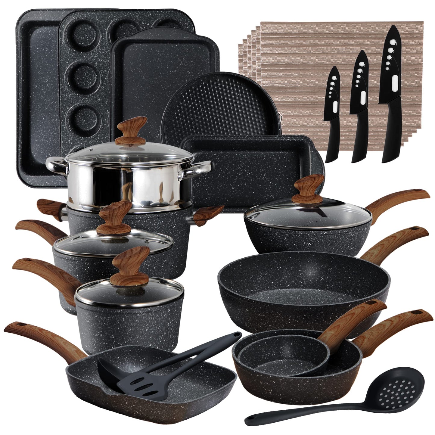 Set di pentole - Set di padelle antiaderenti da 17 pezzi, set di pentole e padelle in granito nero