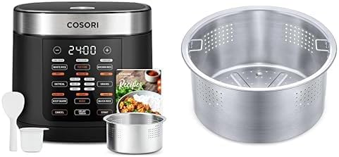 Cuociriso da 10 tazze, mantenimento in caldo 24 ore, 18 funzioni, cuociriso Fuzzy Logic con cestello per la cottura a vapore in acciaio inossidabile, sauté, pentola a cottura lenta