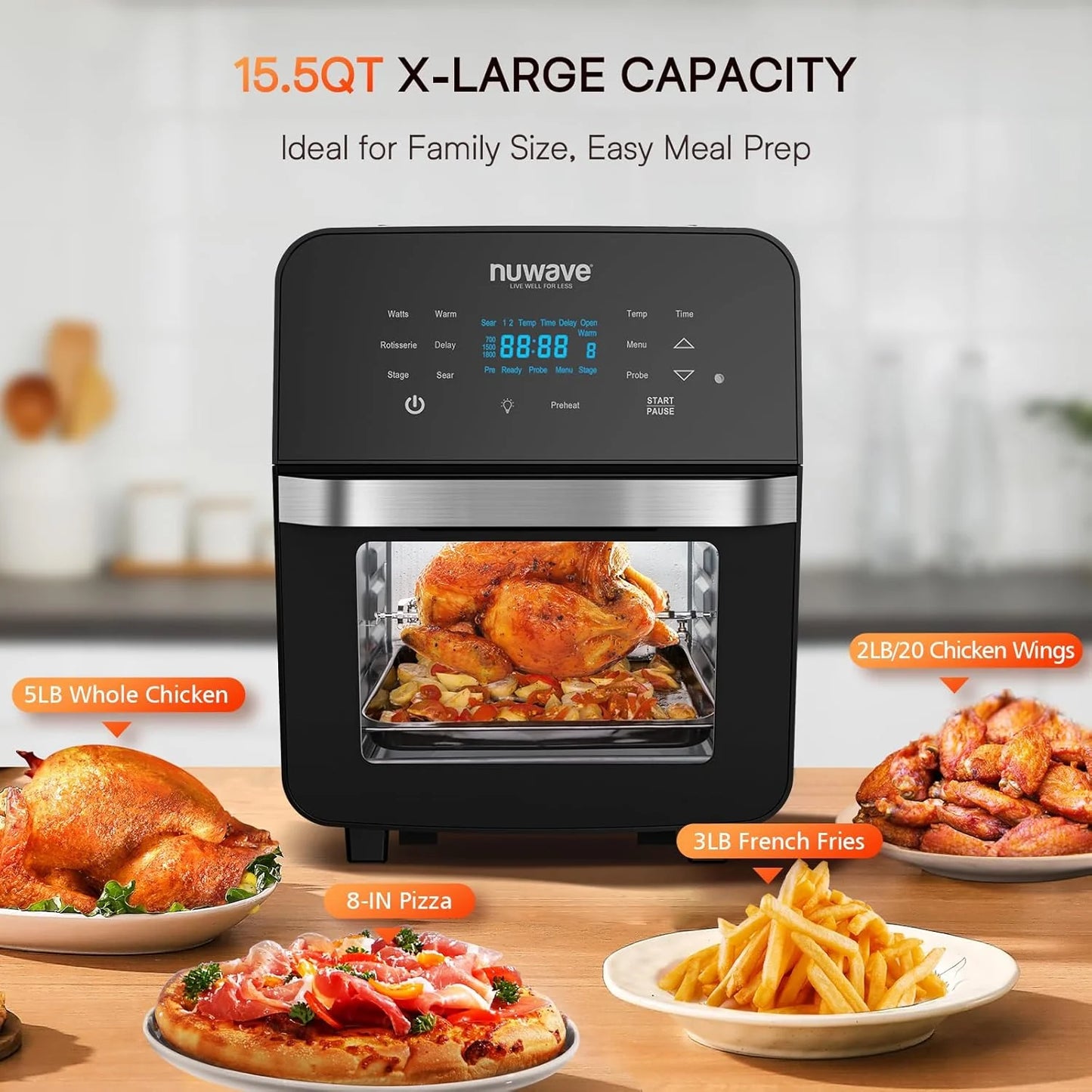 La friggitrice/forno ad aria da 15,5 Qt riscalda, cuoce e disidrata rapidamente gli alimenti con un intervallo di controllo della temperatura di 50°-425°F 1800 W