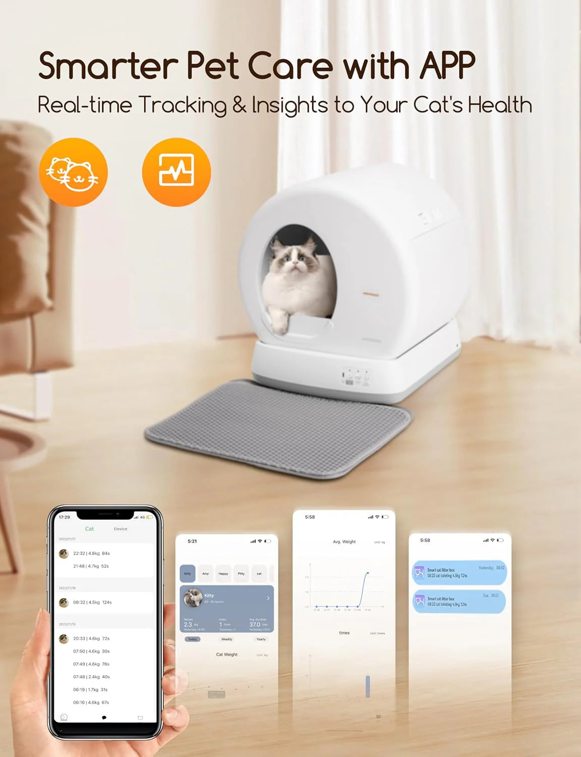 Lettiera per gatti autopulente, lettiera automatica con protezione di sicurezza integrata per gatti multipli