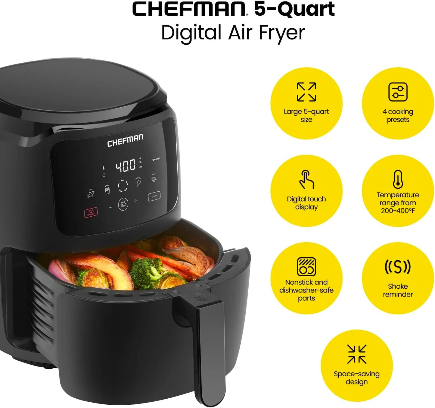 La friggitrice ad aria Chefman da 6 litri con doppio cestello e finestra Easy View utilizza due padelle antiaderenti separate da 3 litri