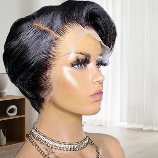 Parrucca corta Pixie Cut, Parrucca Bob con riga laterale dritta, Parrucca frontale in pizzo con capelli umani