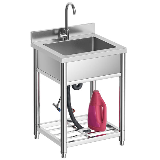 Lavello di servizio in acciaio inossidabile, lavello da cucina indipendente a vasca singola con rubinetto per acqua calda e fredda, lavello commerciale per ristoranti, bar, caffetterie e hotel, lavello per interni ed esterni, 21,7 pollici