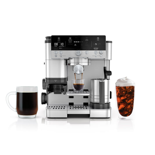 Macchina per caffè espresso R-ES601 Luxe Café Premier Series, caffè americano, cold brew, macinacaffè, pressino, montalatte, argento