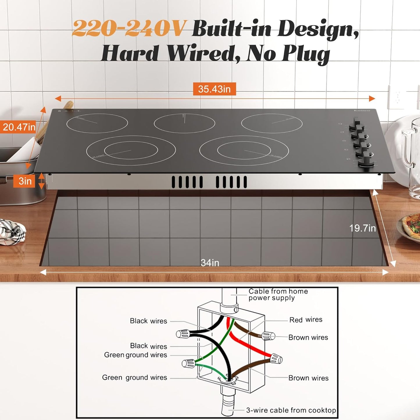 Piano cottura elettrico da 30", 4 fuochi, comandi a manopola, piano cottura in ceramica integrato, struttura in metallo con protezione in vetro, indicatore di superficie calda, 220-240 V, cablato, senza spina