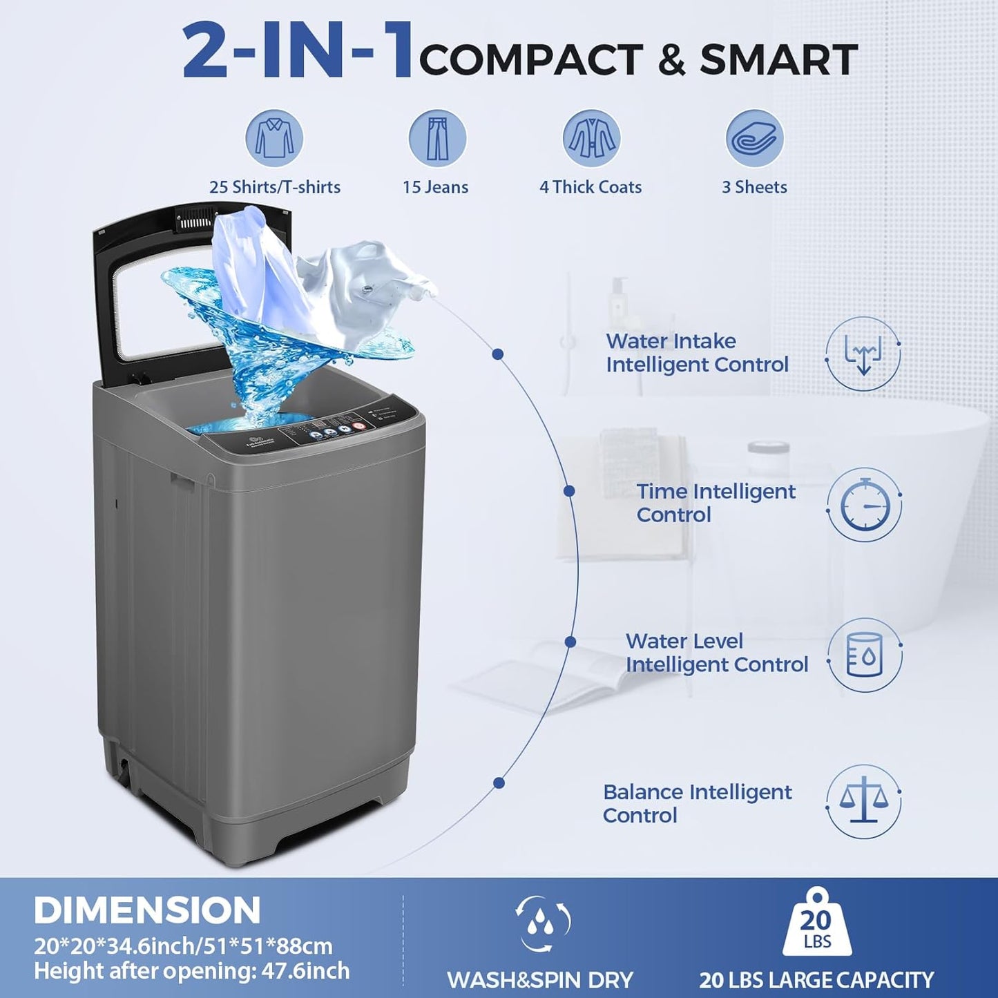 Lavatrice portatile, lavatrice portatile completamente automatica con capacità di 20 libbre, lavatrice e asciugatrice da 2,8 piedi cubi con pompa di scarico, 10 programmi e 8 livelli di acqua per appartamenti, dormitori, camper