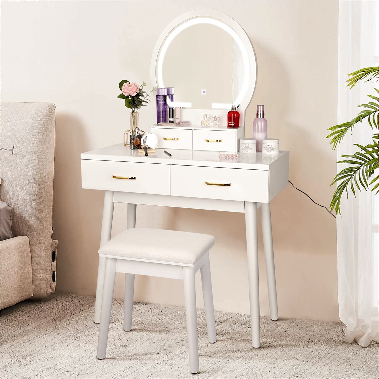 Scrivania da toeletta con specchio illuminato - 3 modalità di illuminazione a colori, luminosità regolabile