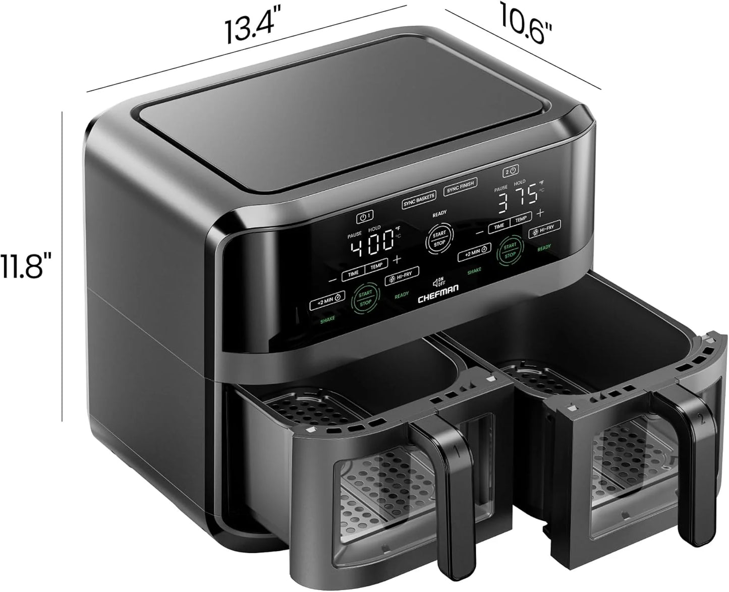 La friggitrice ad aria Chefman da 6 litri con doppio cestello e finestra Easy View utilizza due padelle antiaderenti separate da 3 litri