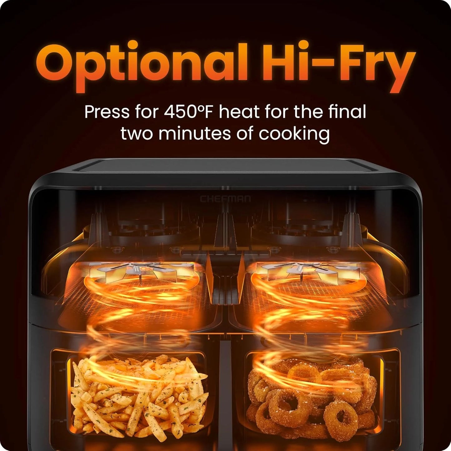 La friggitrice ad aria Chefman da 6 litri con doppio cestello e finestra Easy View utilizza due padelle antiaderenti separate da 3 litri