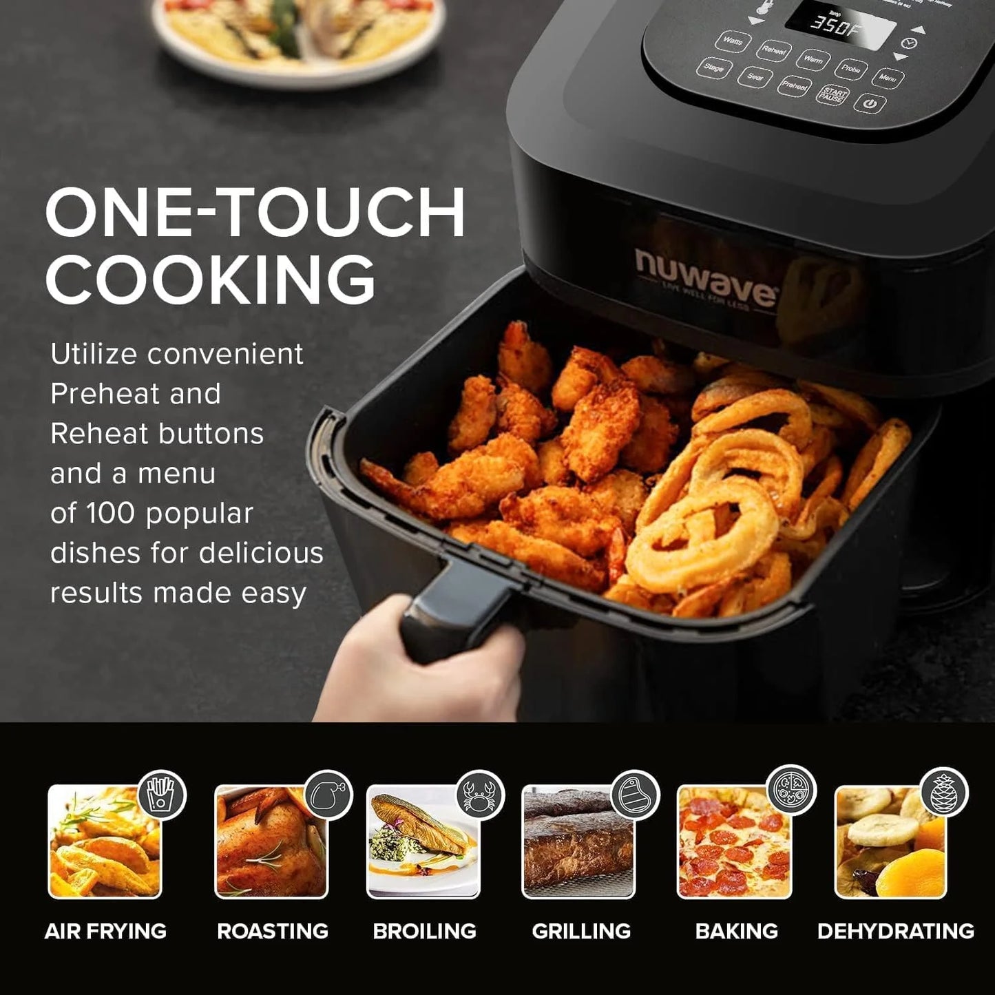 La friggitrice/forno ad aria da 15,5 Qt riscalda, cuoce e disidrata rapidamente gli alimenti con un intervallo di controllo della temperatura di 50°-425°F 1800 W