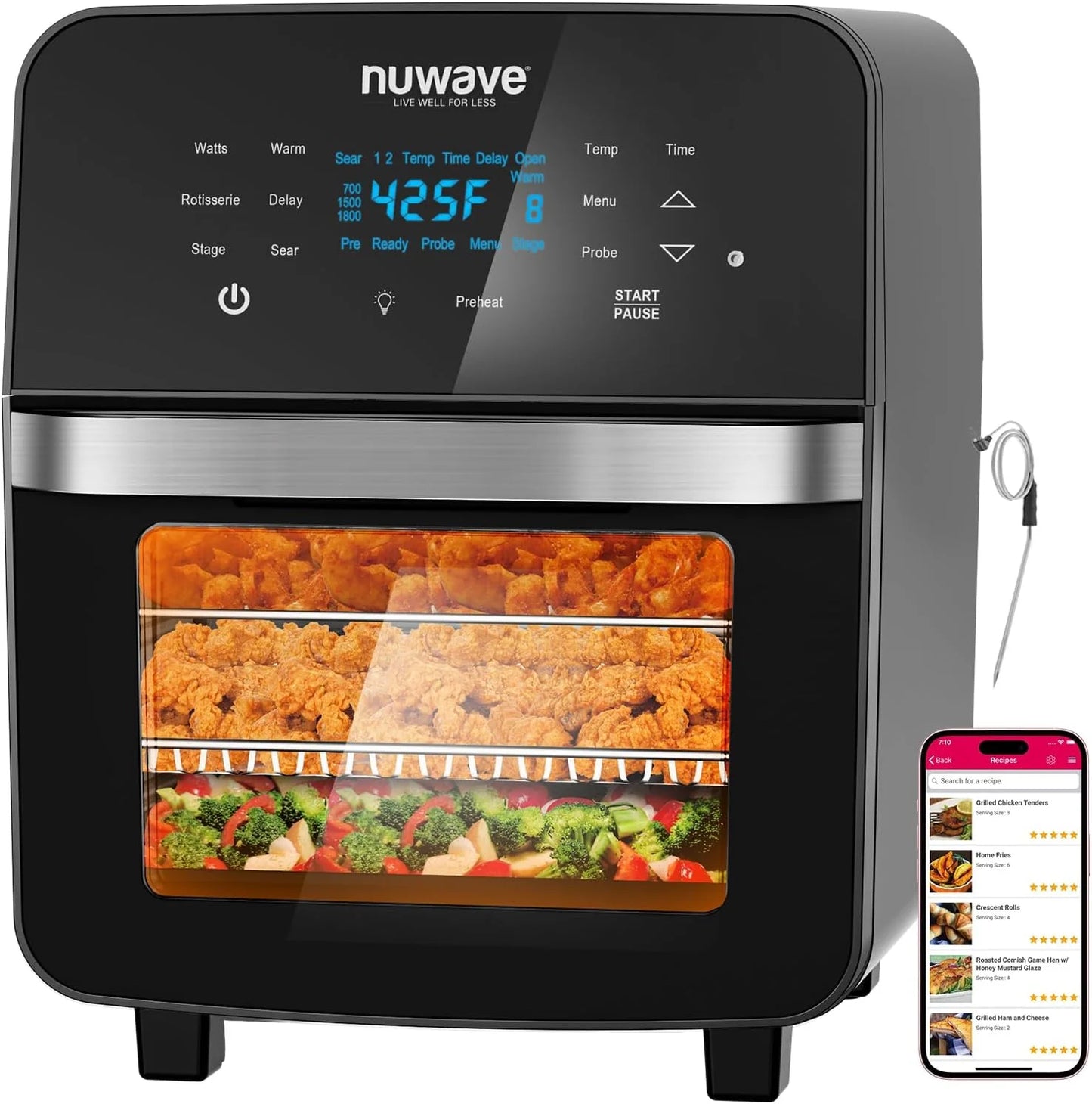 La friggitrice/forno ad aria da 15,5 Qt riscalda, cuoce e disidrata rapidamente gli alimenti con un intervallo di controllo della temperatura di 50°-425°F 1800 W
