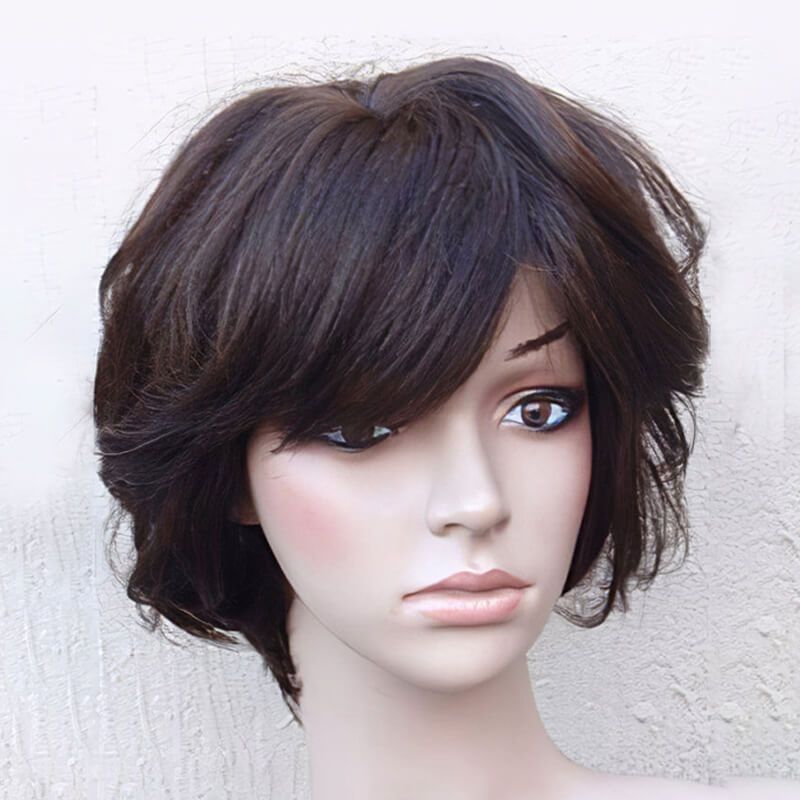 Parrucca corta in capelli umani castani senza colla con frangia