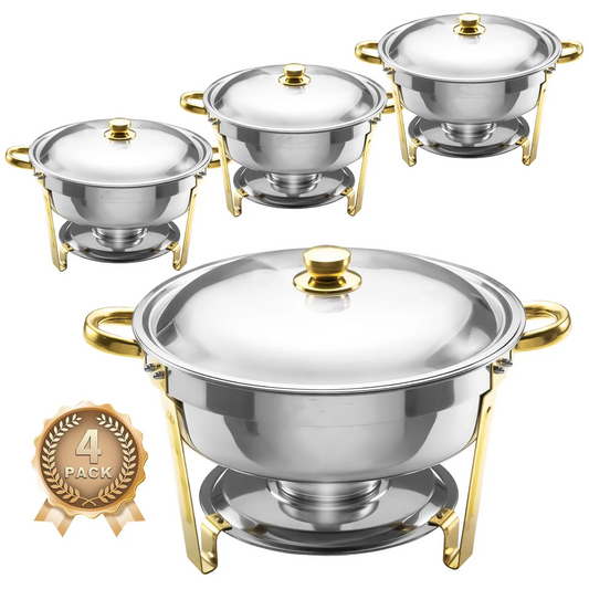 Chafing Dish per buffet, confezione da 4, Chafing Dish rotondi da 6 QT per buffet [eleganti colori oro e argento] Set di chafing dish per buffet in acciaio inossidabile per qualsiasi festa