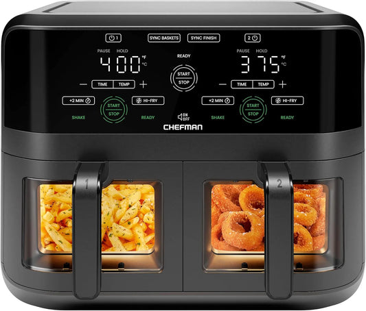La friggitrice ad aria Chefman da 6 litri con doppio cestello e finestra Easy View utilizza due padelle antiaderenti separate da 3 litri