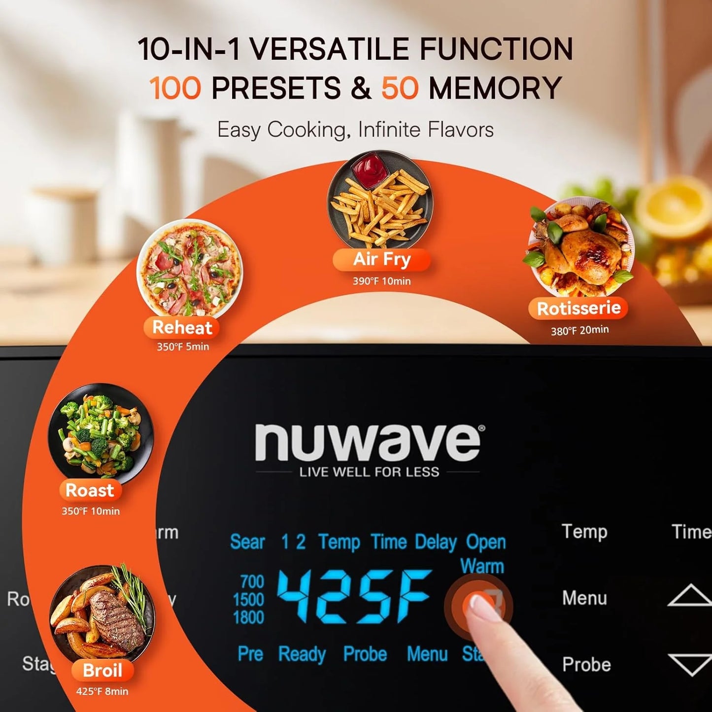 La friggitrice/forno ad aria da 15,5 Qt riscalda, cuoce e disidrata rapidamente gli alimenti con un intervallo di controllo della temperatura di 50°-425°F 1800 W