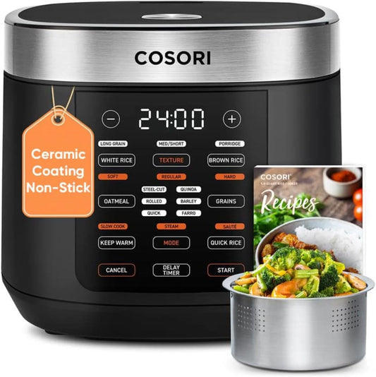 Cuociriso da 10 tazze, mantenimento in caldo 24 ore, 18 funzioni, cuociriso Fuzzy Logic con cestello per la cottura a vapore in acciaio inossidabile, sauté, pentola a cottura lenta