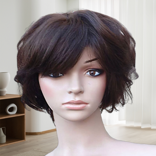 Parrucca corta in capelli umani castani senza colla con frangia