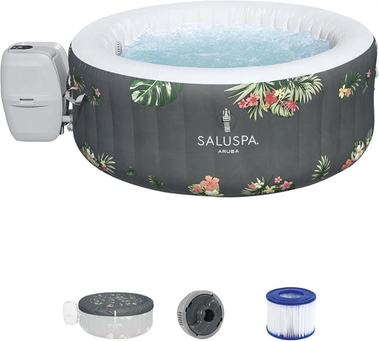 Vasca idromassaggio gonfiabile rotonda SaluSpa Aruba AirJet grande per 2 o 3 persone, portatile, per esterni, con 110 AirJet e copertura EnergySense, grigio