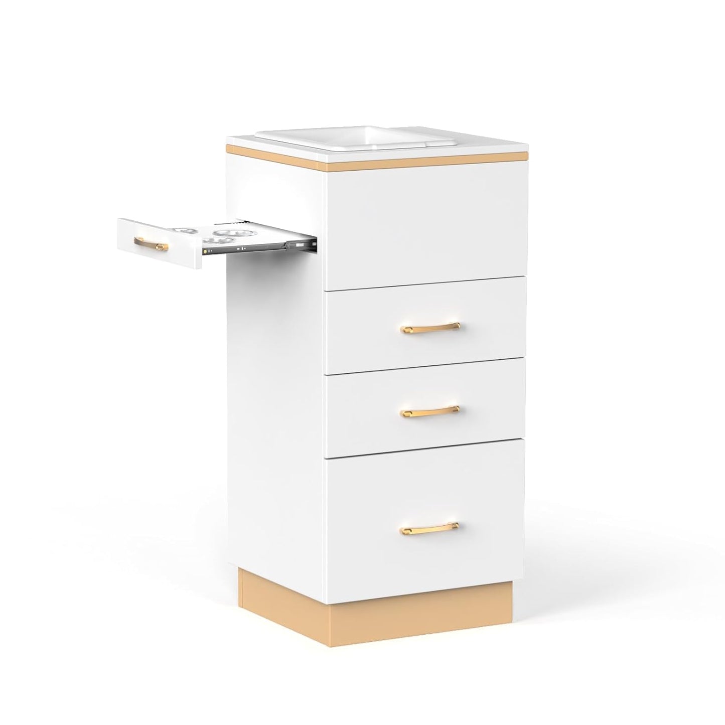 Stazione di stoccaggio per salone, postazioni da barbiere, attrezzatura per salone di bellezza e spa con 3 cassetti, una vasca portaoggetti, 3 porte asciugacapelli per lo styling dei capelli, oro bianco 