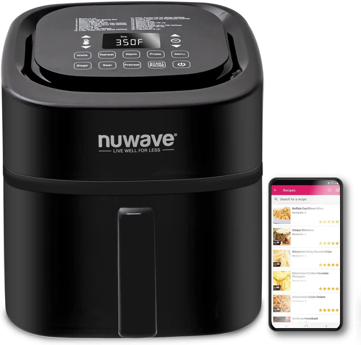 La friggitrice/forno ad aria da 15,5 Qt riscalda, cuoce e disidrata rapidamente gli alimenti con un intervallo di controllo della temperatura di 50°-425°F 1800 W