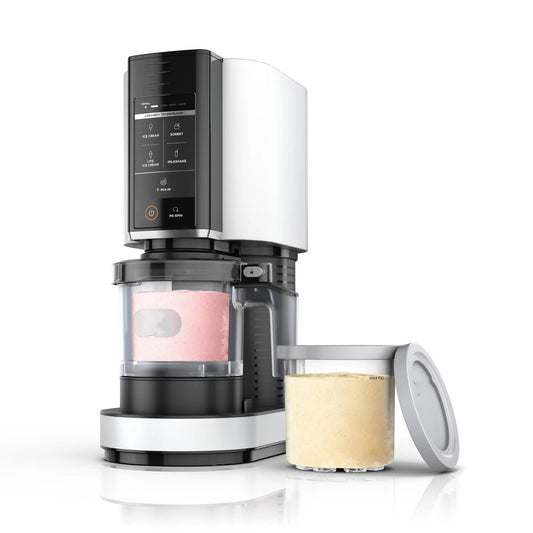 Gelatiera, 5 programmi one-touch, bianca, include 2 contenitori da 16 once con coperti per la conservazione, converte le basi congelate in gelato, sorbetto, frullati, opzioni vegane e senza latticini