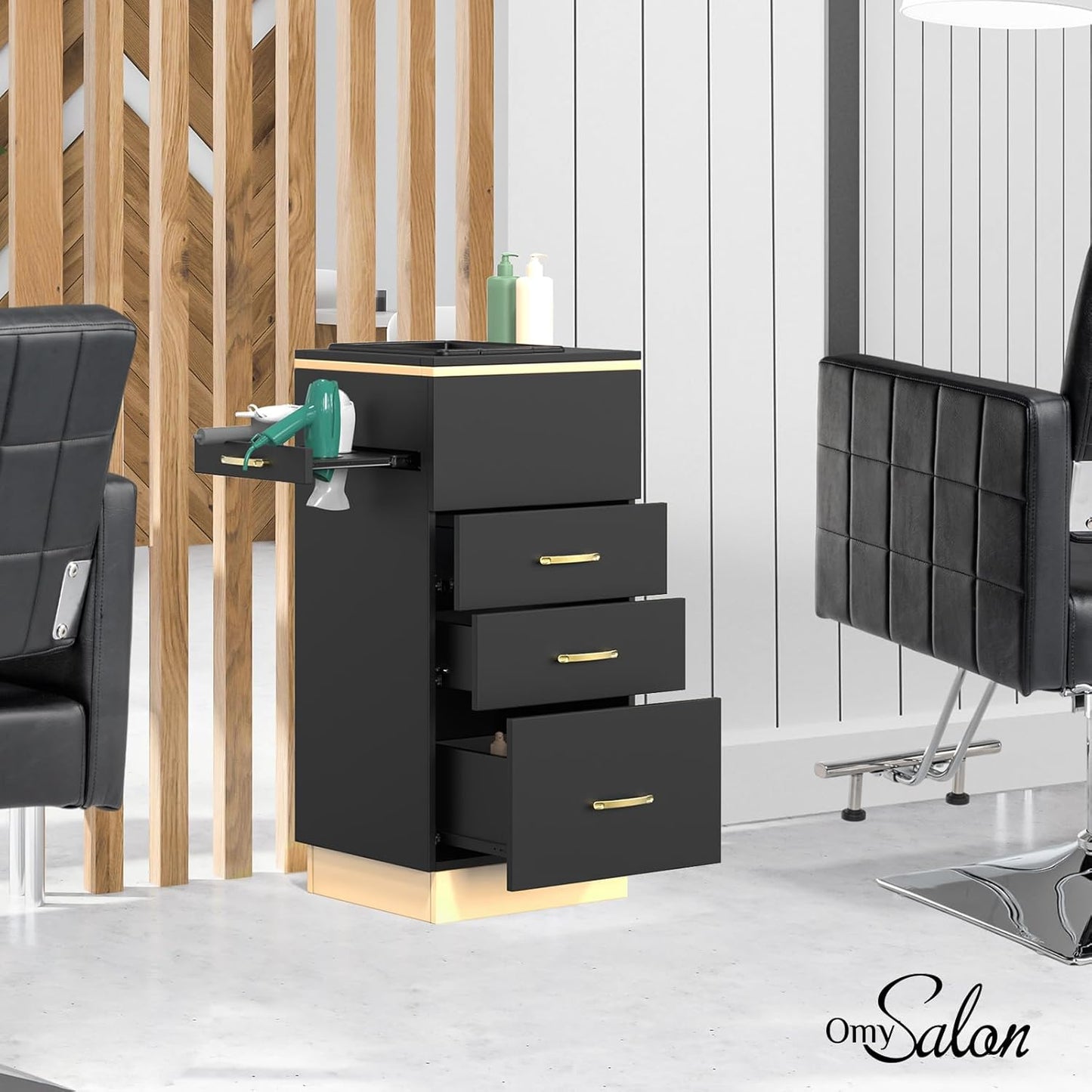 Stazione di stoccaggio per salone, postazioni da barbiere, attrezzatura per salone di bellezza e spa con 3 cassetti, una vasca portaoggetti, 3 porte asciugacapelli per lo styling dei capelli, oro bianco 