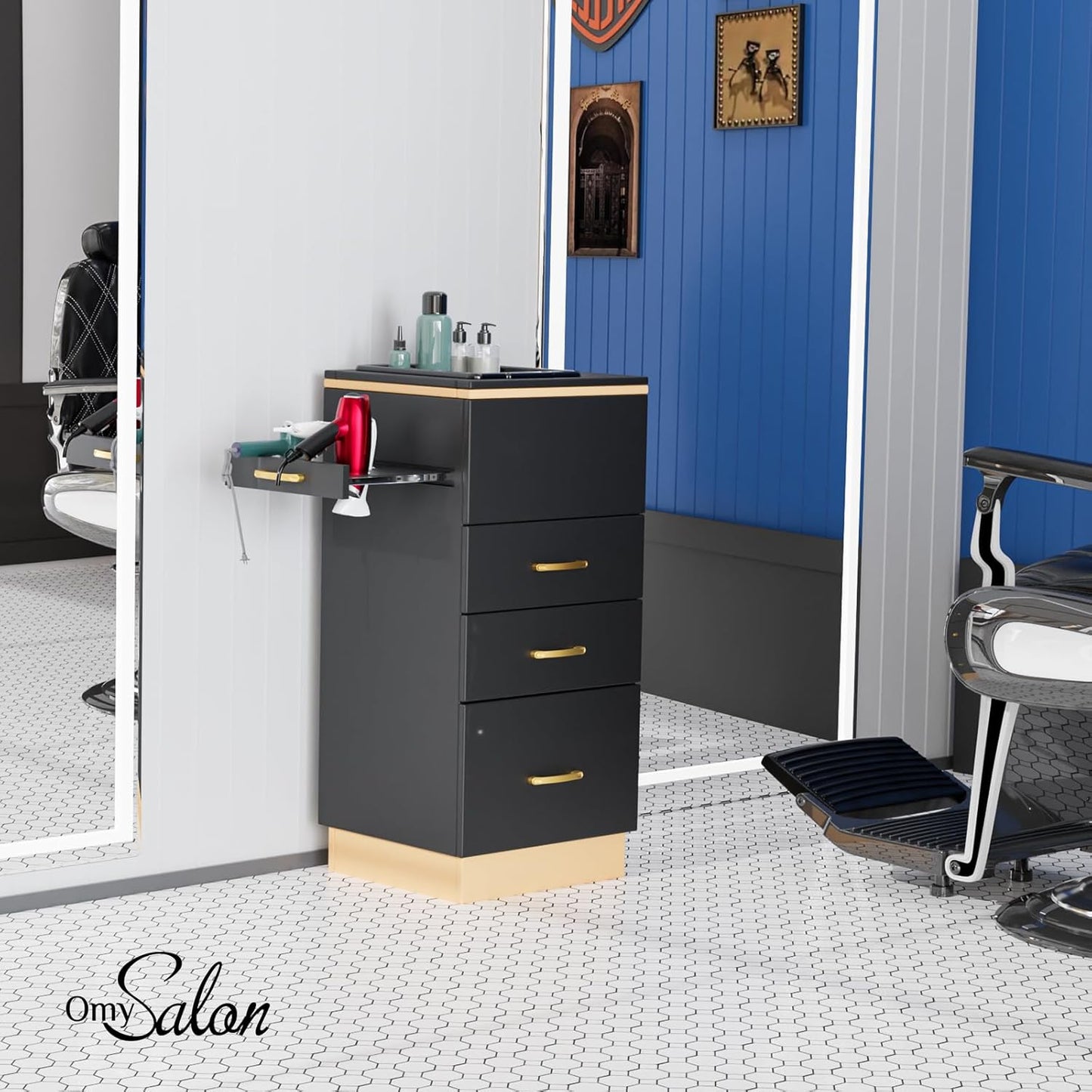 Stazione di stoccaggio per salone, postazioni da barbiere, attrezzatura per salone di bellezza e spa con 3 cassetti, una vasca portaoggetti, 3 porte asciugacapelli per lo styling dei capelli, oro bianco 