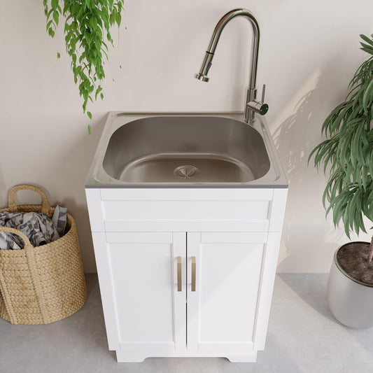 Mobiletto per lavanderia con lavello in acciaio inox e rubinetto estraibile, lavello di servizio per lavanderia/ripostiglio, bagno da 24 pollici, cucina ed esterno, bianco