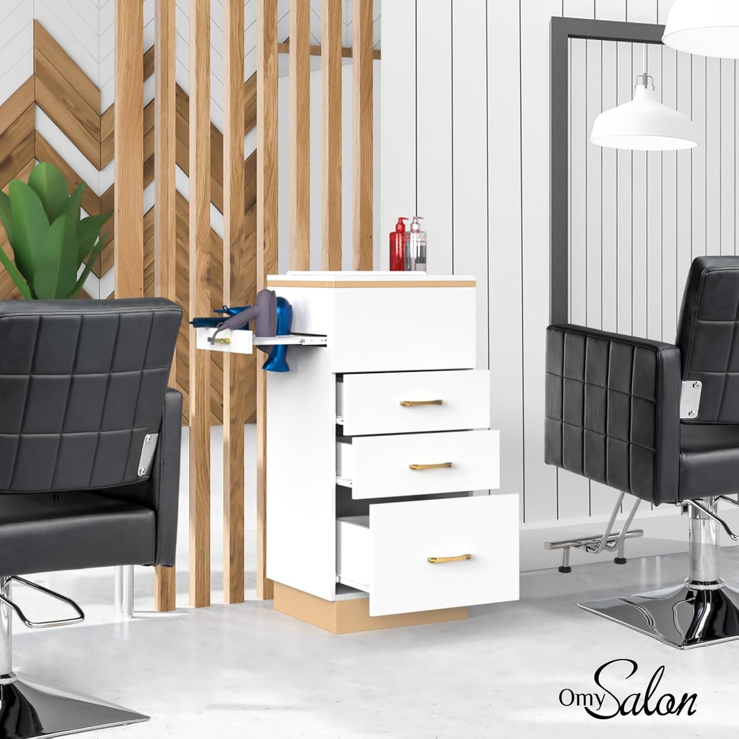 Stazione di stoccaggio per salone, postazioni da barbiere, attrezzatura per salone di bellezza e spa con 3 cassetti, una vasca portaoggetti, 3 porte asciugacapelli per lo styling dei capelli, oro bianco 