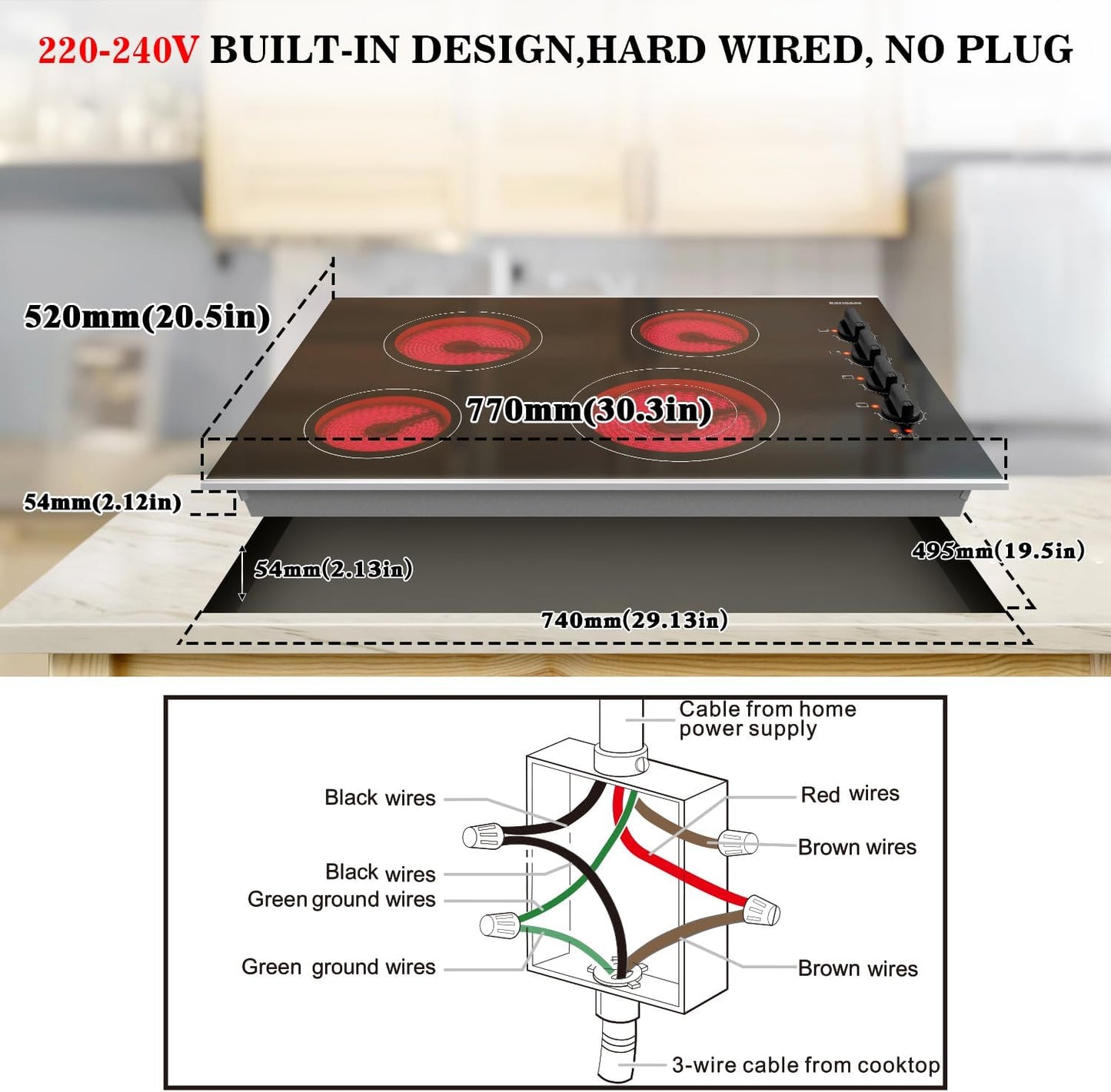 Piano cottura elettrico da 30", 4 fuochi, comandi a manopola, piano cottura in ceramica integrato, struttura in metallo con protezione in vetro, indicatore di superficie calda, 220-240 V, cablato, senza spina