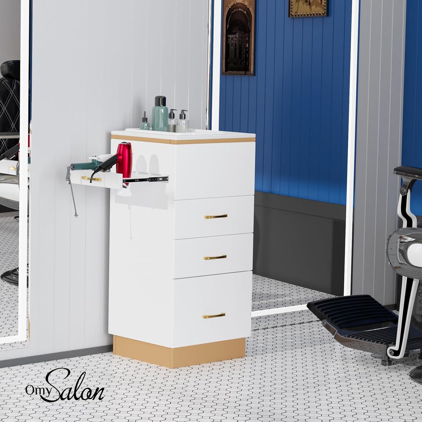 Stazione di stoccaggio per salone, postazioni da barbiere, attrezzatura per salone di bellezza e spa con 3 cassetti, una vasca portaoggetti, 3 porte asciugacapelli per lo styling dei capelli, oro bianco 
