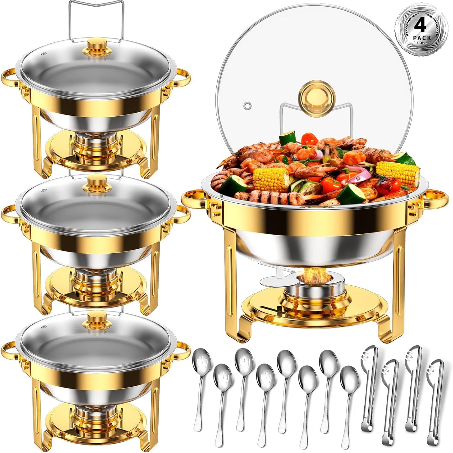 Scaldavivande rotondi per buffet, confezione da 4 da 5 litri, set di scaldavivande di alta qualità per buffet con 12 utensili da portata, padella di dimensioni standard, scaldavivande per feste, buffet, matrimoni, compleanni, campeggio [Oro]