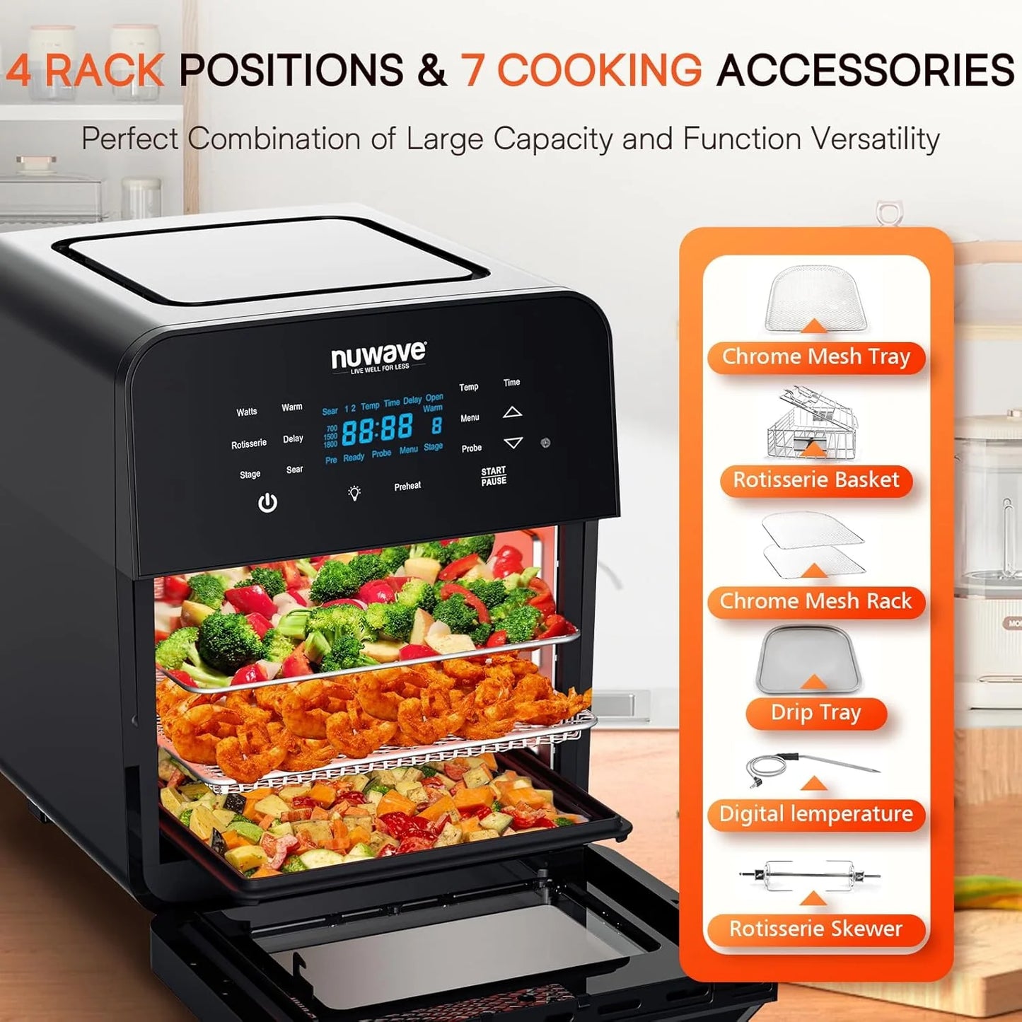 La friggitrice/forno ad aria da 15,5 Qt riscalda, cuoce e disidrata rapidamente gli alimenti con un intervallo di controllo della temperatura di 50°-425°F 1800 W