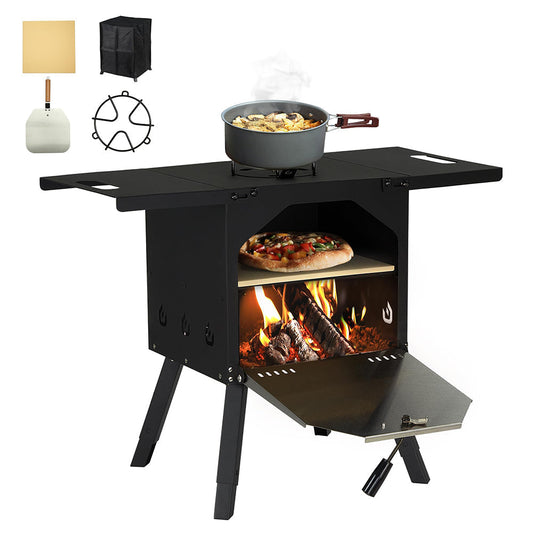 Forno per pizza da esterno Forni per pizza a legna a 2 strati con portapentole per riscaldare il cibo, pietra per pizza, pala per pizza, coperchio, ripiani pieghevoli e gambe regolabili, forno a pellet per feste in campeggio
